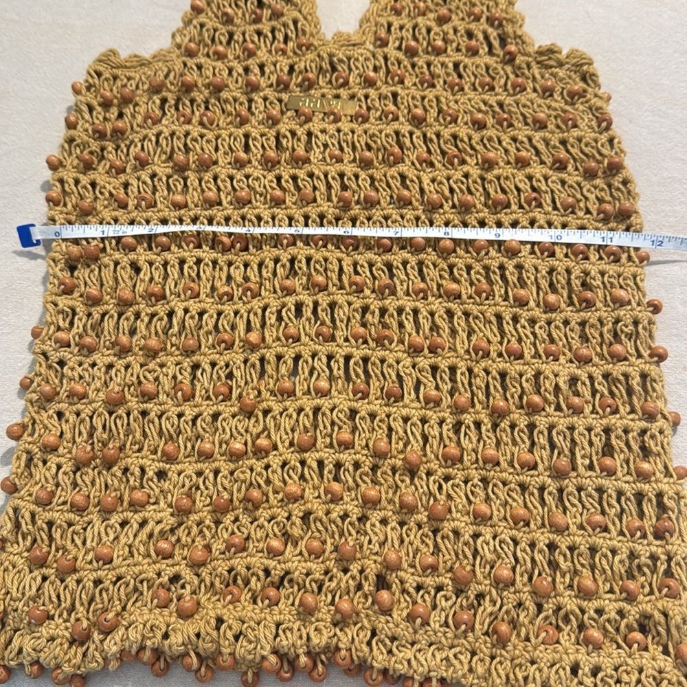 Aava Khaki Brown Beaded Open Knit Crochet Double Handle Market Beach Boho Tote - Picture 9 of 12